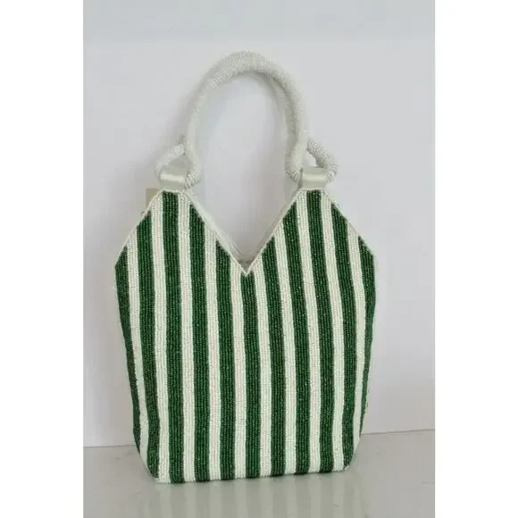 NWT Handcrafted in India Martini Beaded Bag Green & white Striped Tik Tok Viral - Picture 3 of 8
